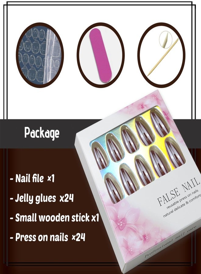 SEMATA Brown Chrome Acrylic Press on Nails Almond Medium Acrylic Nails Press ons Brown Glue on Fake Nail with Bling Glossy Designs Reusable Artificial Stick on False Nail for Women 24Pcs - Image 5